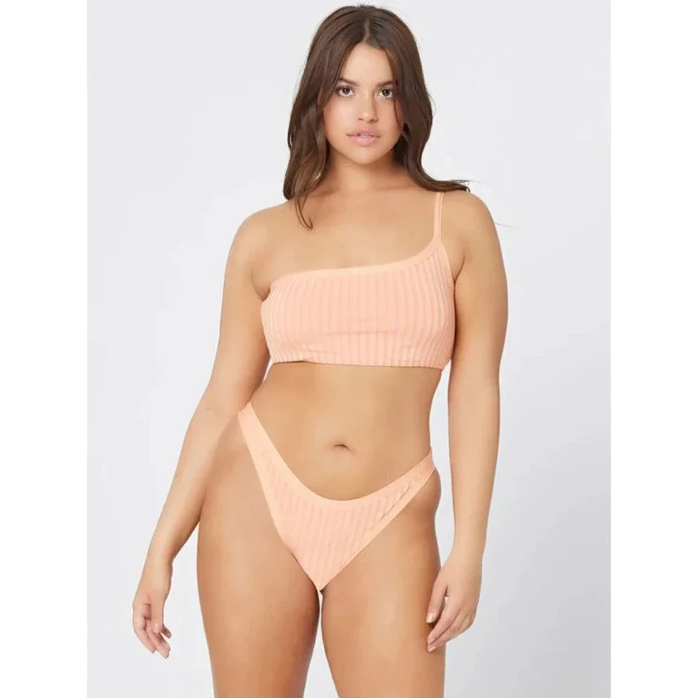 L*Space Foley Bitsy Bottom Women's Large Peach Striped Stretch Swimwear JDM1208